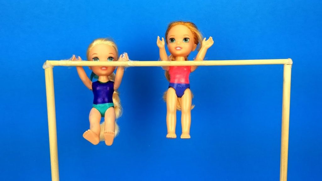 Elsa and Anna toddlers learn gymnastics – new tricks – Barbie is the coach – exercises